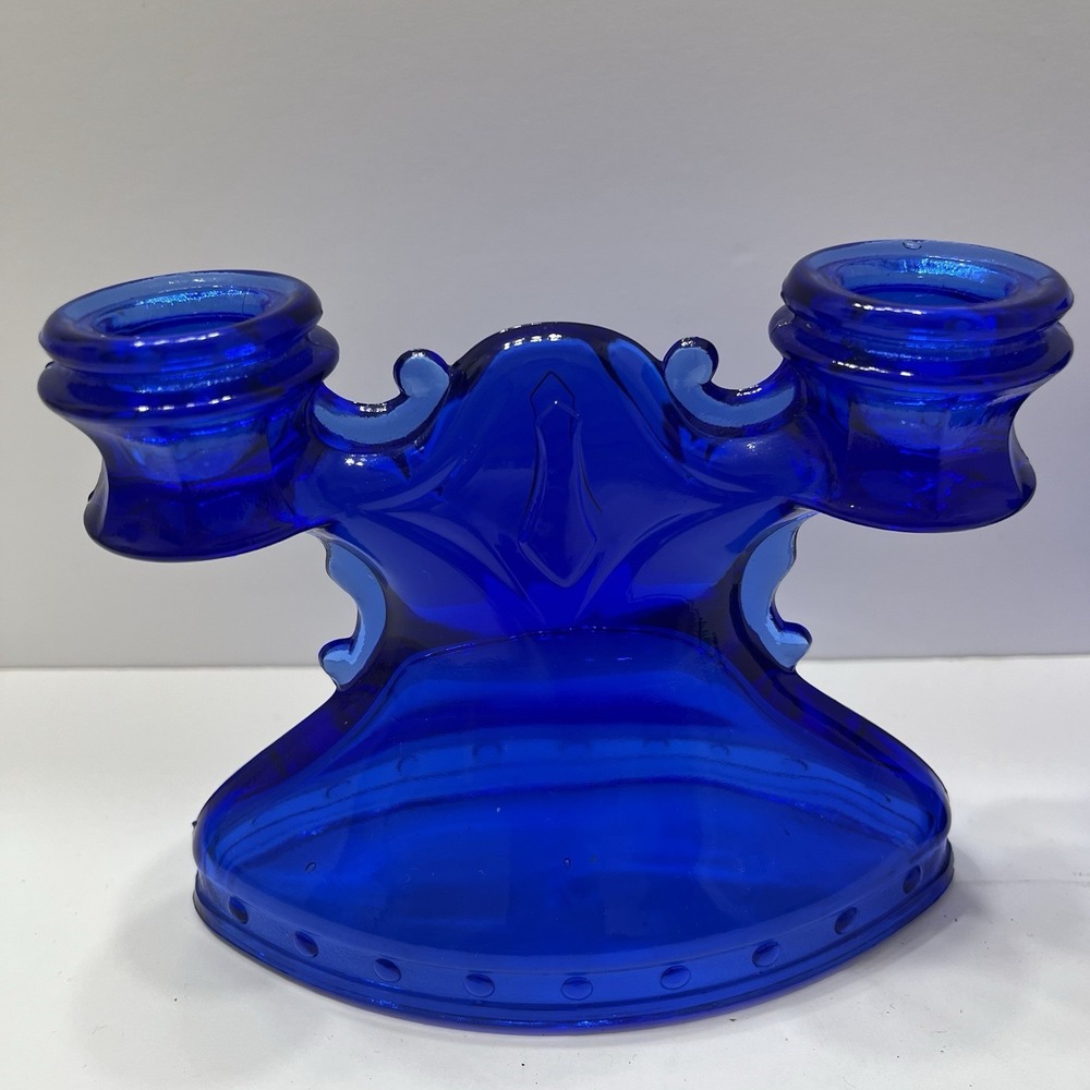 Vintage Pair Cobalt Blue L.E. Smith Double Candlestick Holders Mt. Pleasant